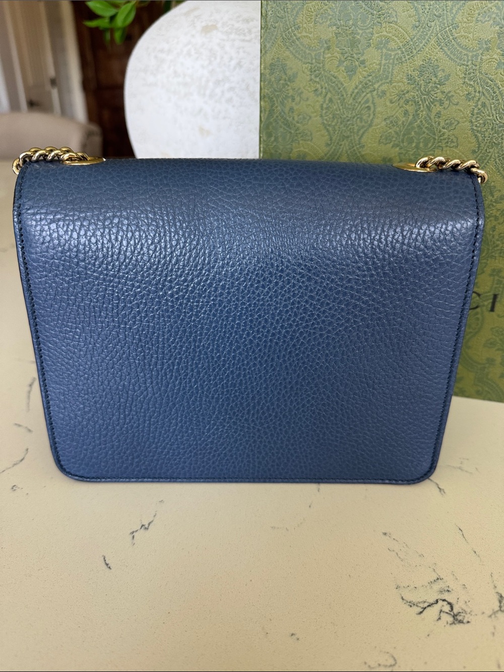Gucci Navy Blue Pebbled Leather Crossbody with Gold GG Emblem - Picture 3 of 14